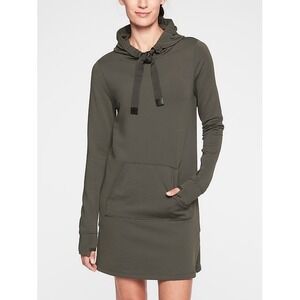 Athleta Surrey Hills Hoodie Sweatshirt Dress Olive Green S Snap Side Slit Pocket